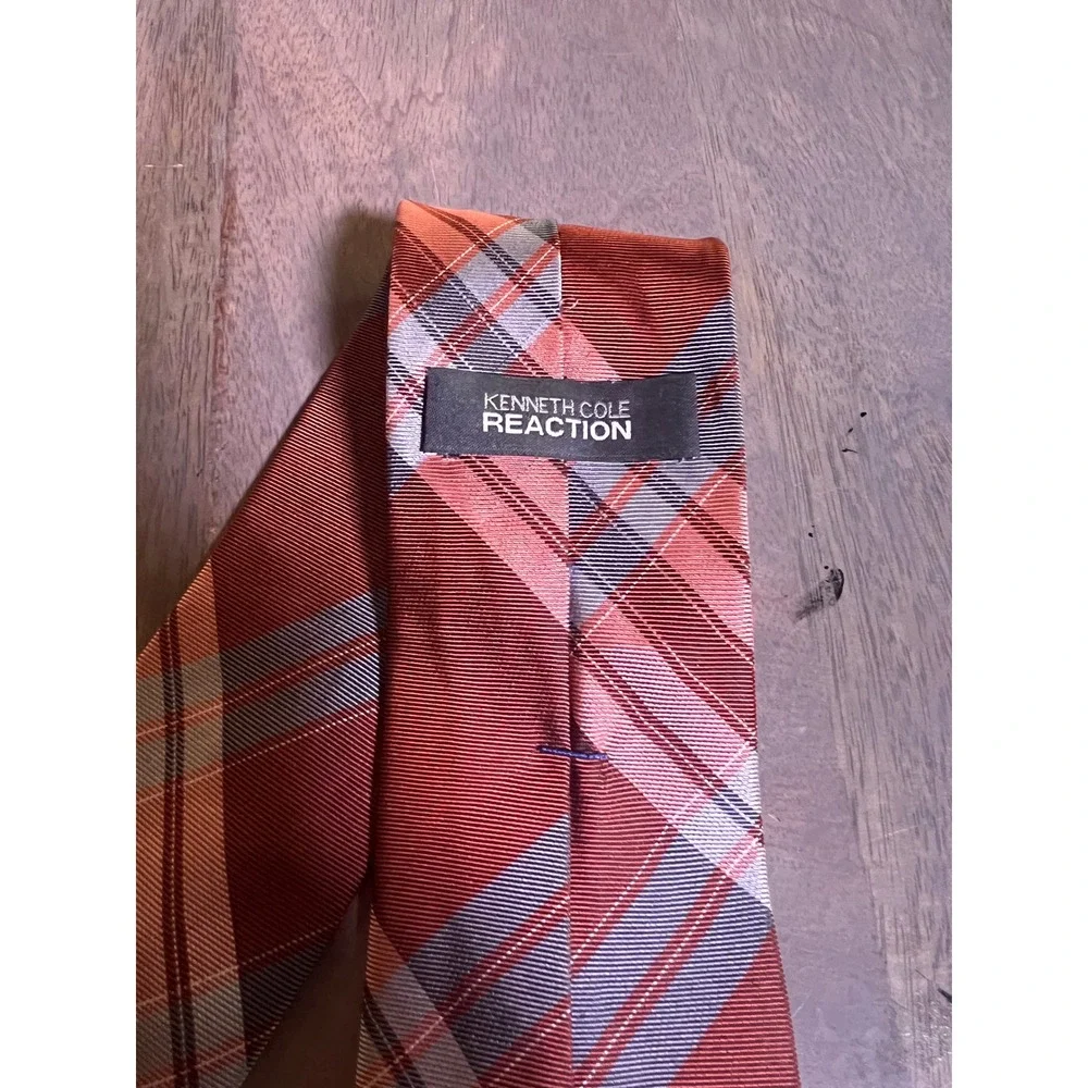 Kenneth Cole Mens Necktie 100% Silk Plaid Rust Orange OS‎